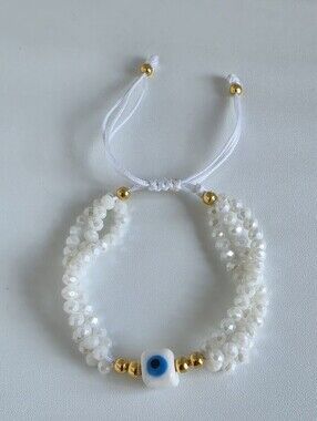 Handmade White Crystal Evil Eye Adjustable Bracelet Gold Tone Beaded Boho